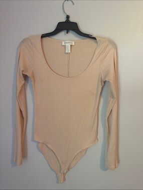4/$20 Forever 21 Ribbed Scoop Neck Long Sleeve Bodysuit - Light Pink/Peach